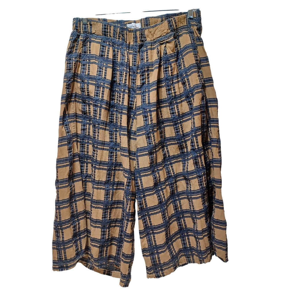 Amici Baci Womens L Wide Leg Crop Pants Blue Plaid Cotton Art to Wear Lagenlook